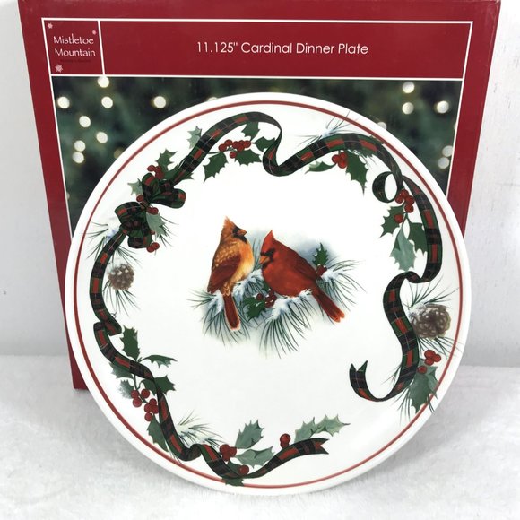 Christmas Cardinal Decorative Plate Mistletoe Mountain White Red - Picture 2 of 7